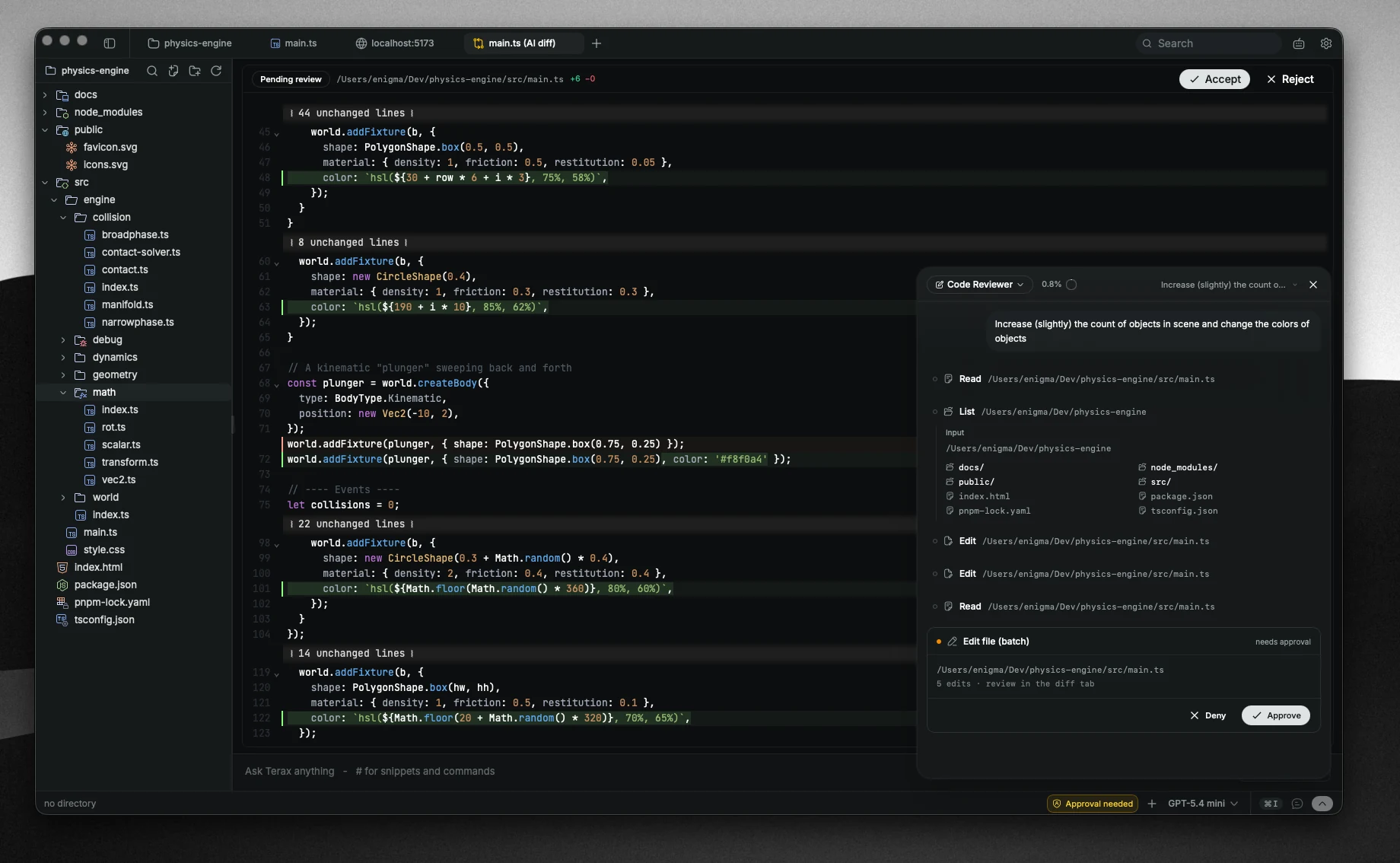 Oz AI panel showing an agent listing dirs and proposing edit diffs