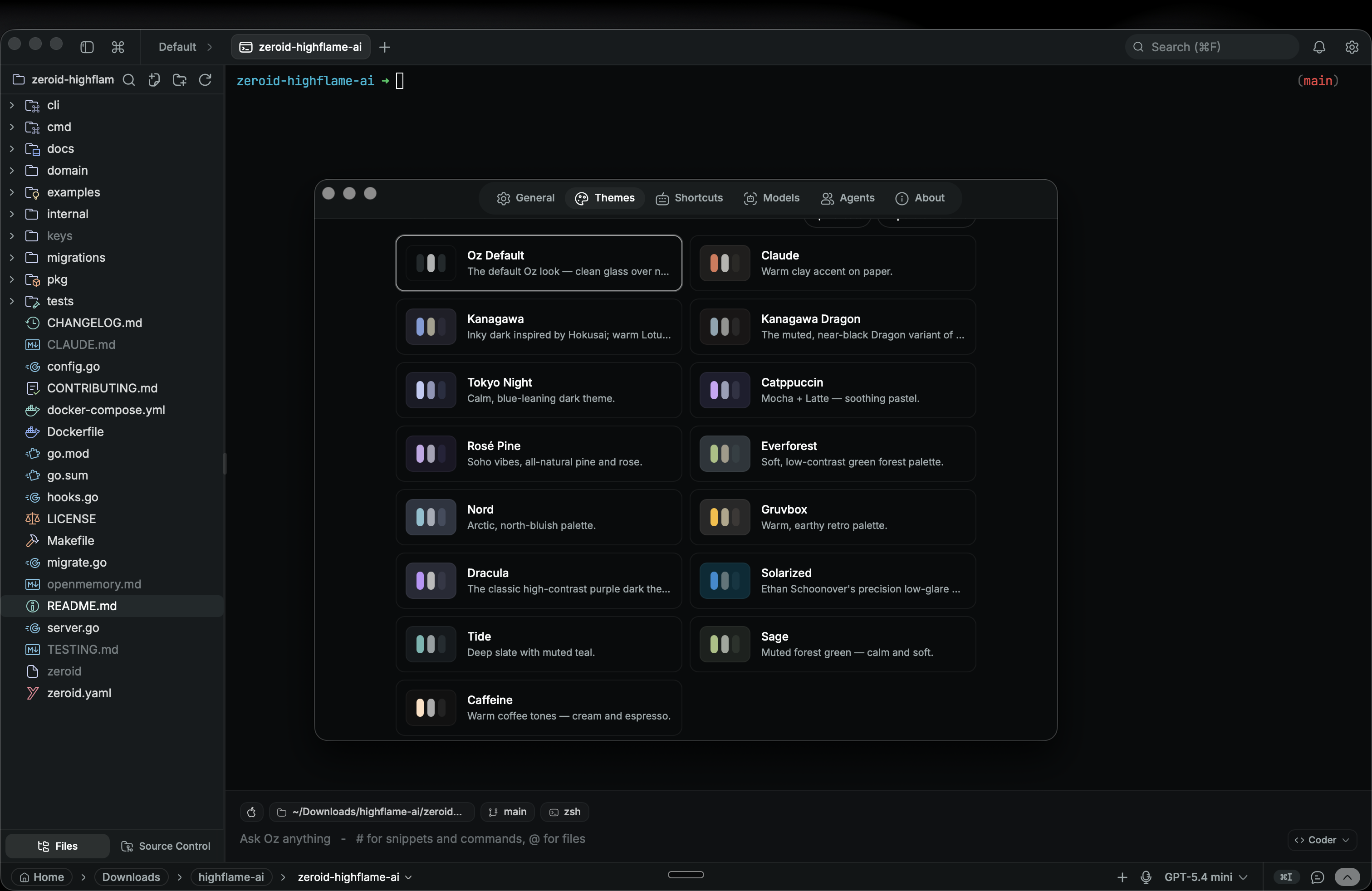 Oz theme picker showing bundled themes and a custom background image