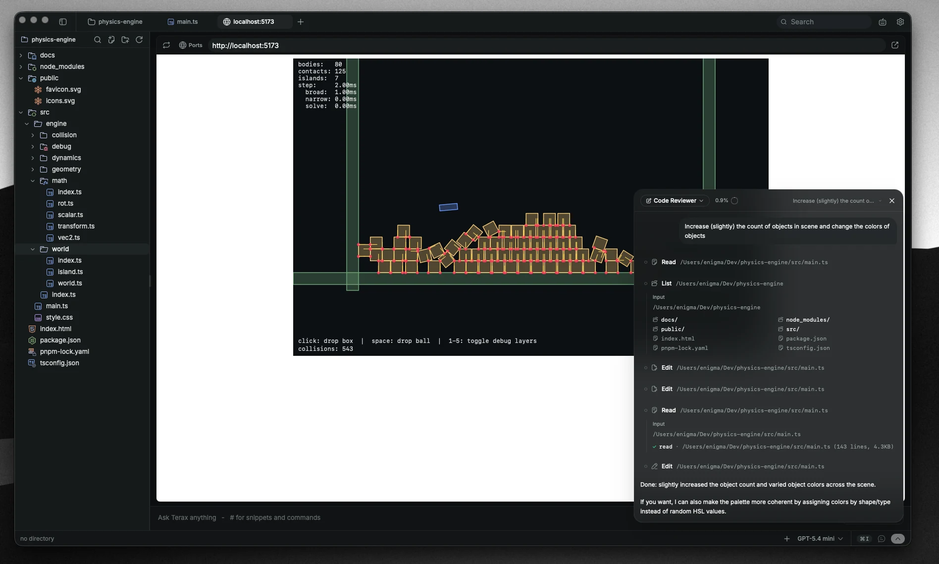 Oz web preview showing a Vite app rendered in a side panel